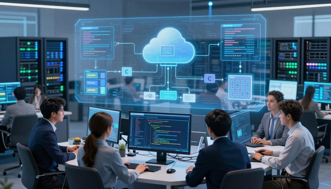 Engineers at workstations in a server room with a holographic cloud CI/CD pipeline diagram overhead
