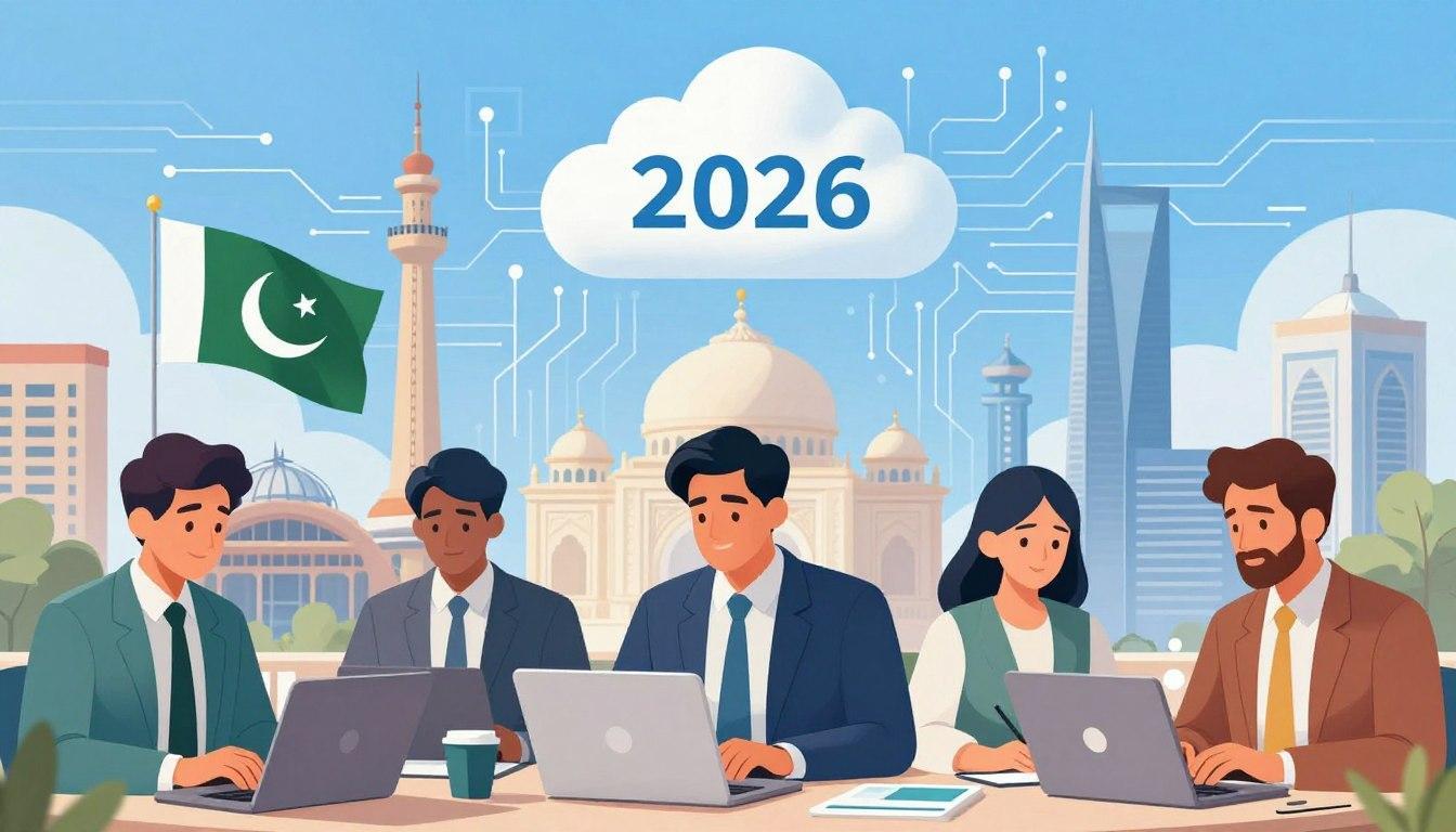 Illustration of young professionals working on laptops in front of a Pakistani city skyline