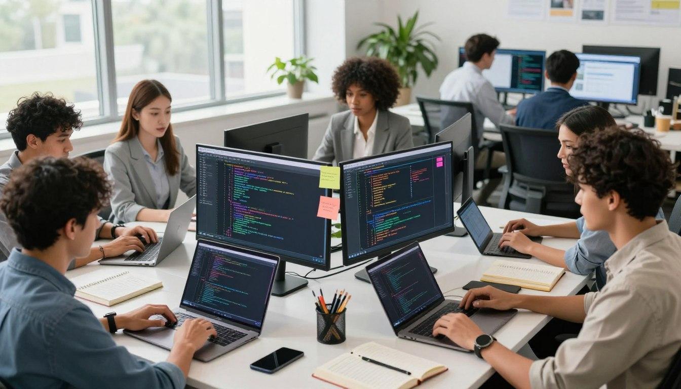 A team of young developers coding together on laptops and monitors in a bright office